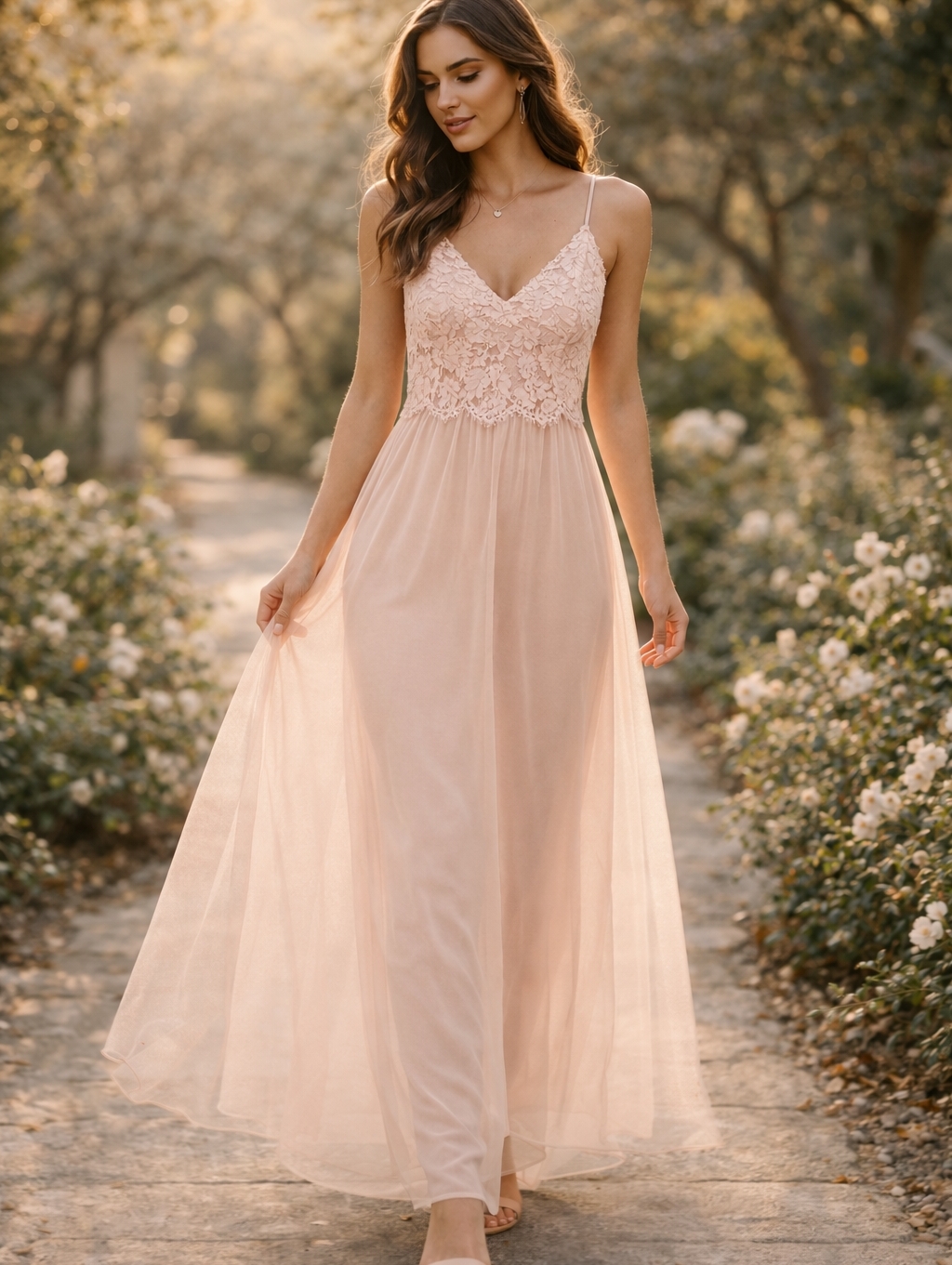 Ethereal Pink Lace Trim Tulle Maxi Dress Spaghetti Strap V Neck Evening Gown